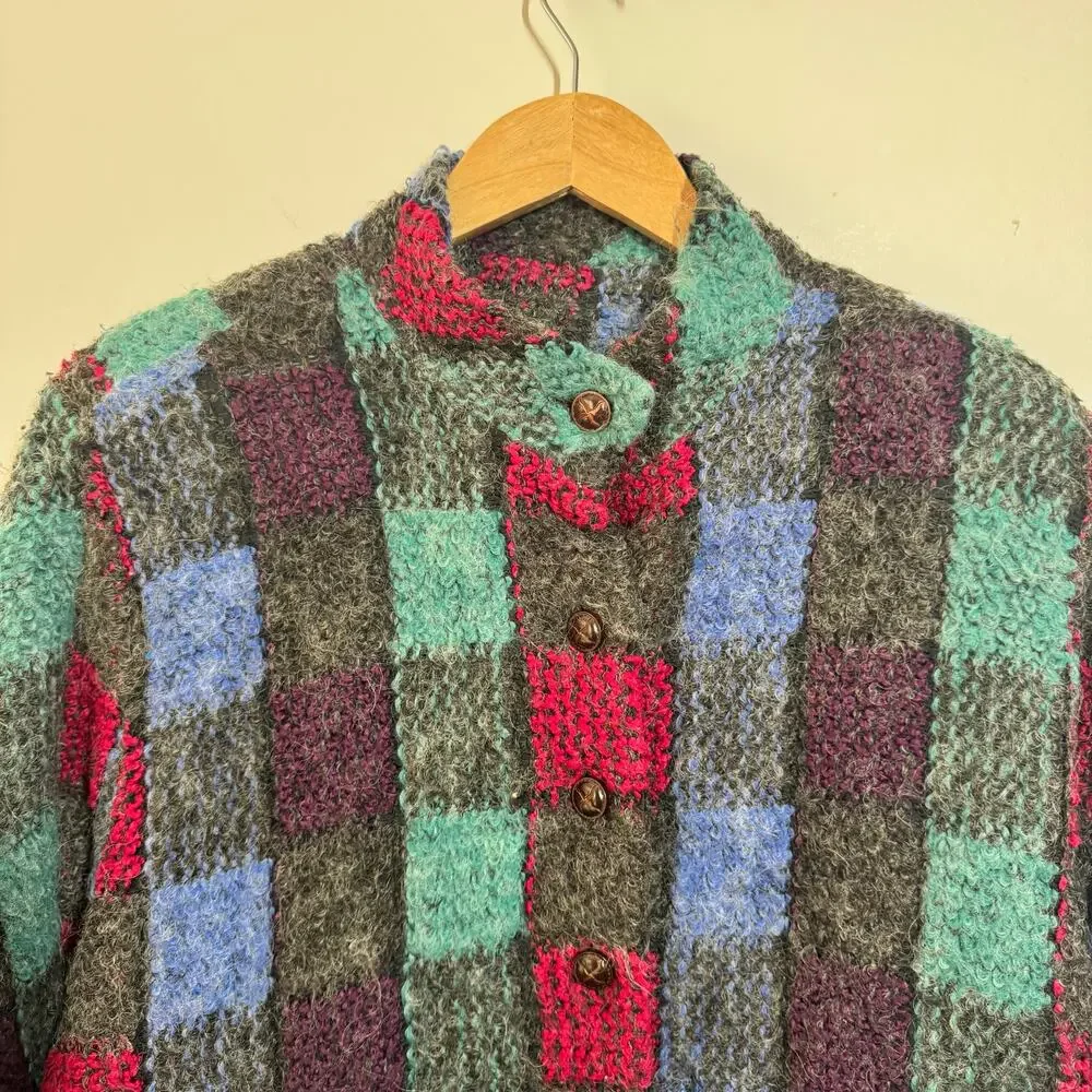 Doncaster woven mohair‎ wool soft sweater jacket Women 10 Check Print Cabincore